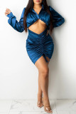 レイク ブルー ファッション カジュアル ソリッド フォールド ターンダウン カラー ラップ スカート ドレス