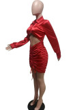 Red Fashion Casual Solid Fold Turndown Collar Wrapped Skirt Dresses