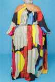 Многоцветный модный повседневный принт с косым воротником и длинным рукавом Платья больших размеров