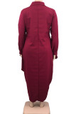 Burgundy Casual Solid Patchwork Buckle Turndown Collar Irregular Dress Plus Size Dresses