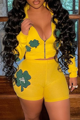 Yellow Sexy Print Patchwork Hooded Collar Long Sleeve Two Pieces