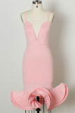 ピンクのセクシーなソリッドパッチワークバックレススパゲッティストラップイブニングドレス