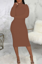 ブラウン カジュアル ソリッド パッチワーク タートルネック ワン ステップ スカート ドレス