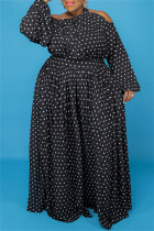 黒のファッションカジュアルプリントくり抜かれた斜めの襟長袖プラスサイズのドレス