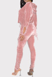 Bandage solide décontracté à la mode rose évidé col à capuche manches longues deux pièces