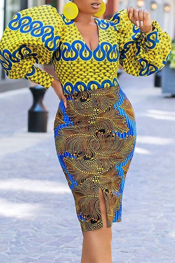 イエロー ブルー ファッション カジュアル プリント パッチワーク V ネック ロング スリーブ ドレス
