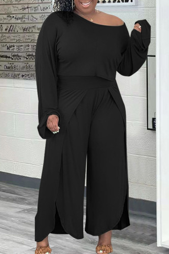 Black Casual Solid Patchwork Asymmetrical O Neck Plus Size Two Pieces