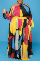 Vestidos multicoloridos moda casual estampa vazada gola oblíqua manga longa plus size