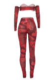 Watermelon Red Fashion Sexy Print Patchwork Strapless Long Sleeve Two Pieces