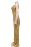 ゴールドのセクシーなパッチワークホットドリルシースルーバックレスハーフタートルネックイブニングドレス