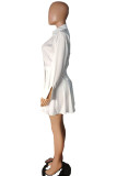 White Fashion Casual Solid Patchwork Turndown Collar Pleated Dresses