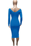 Голубые повседневные однотонные лоскутные платья-юбка-карандаш с V-образным вырезом