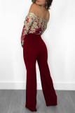 Burgund Sexy Solid Lace Off the Shoulder Boot Cut Jumpsuits