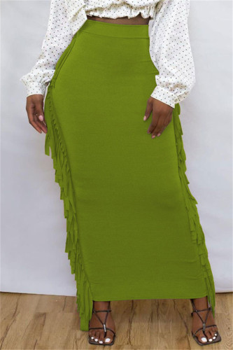Green Fashion Casual Solid Tassel Regular High Waist Skirt