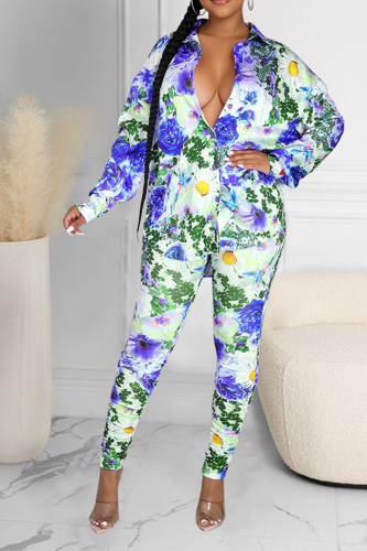 Blue Sexy Print Patchwork Turndown Collar Long Sleeve Two Pieces