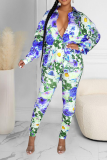 Baby Blue Sexy Print Patchwork Turndown Collar Long Sleeve Two Pieces