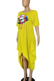 Yellow Casual Print Patchwork O Neck Irregular Dress Dresses