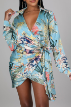 Cyan Casual Print Patchwork Turndown Collar Shirt Dress Dresses