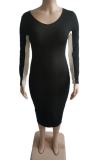 Black Casual Solid Patchwork U Neck Pencil Skirt Plus Size Dresses