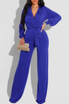 Macacão regular azul fashion casual frênulo sólido decote em V
