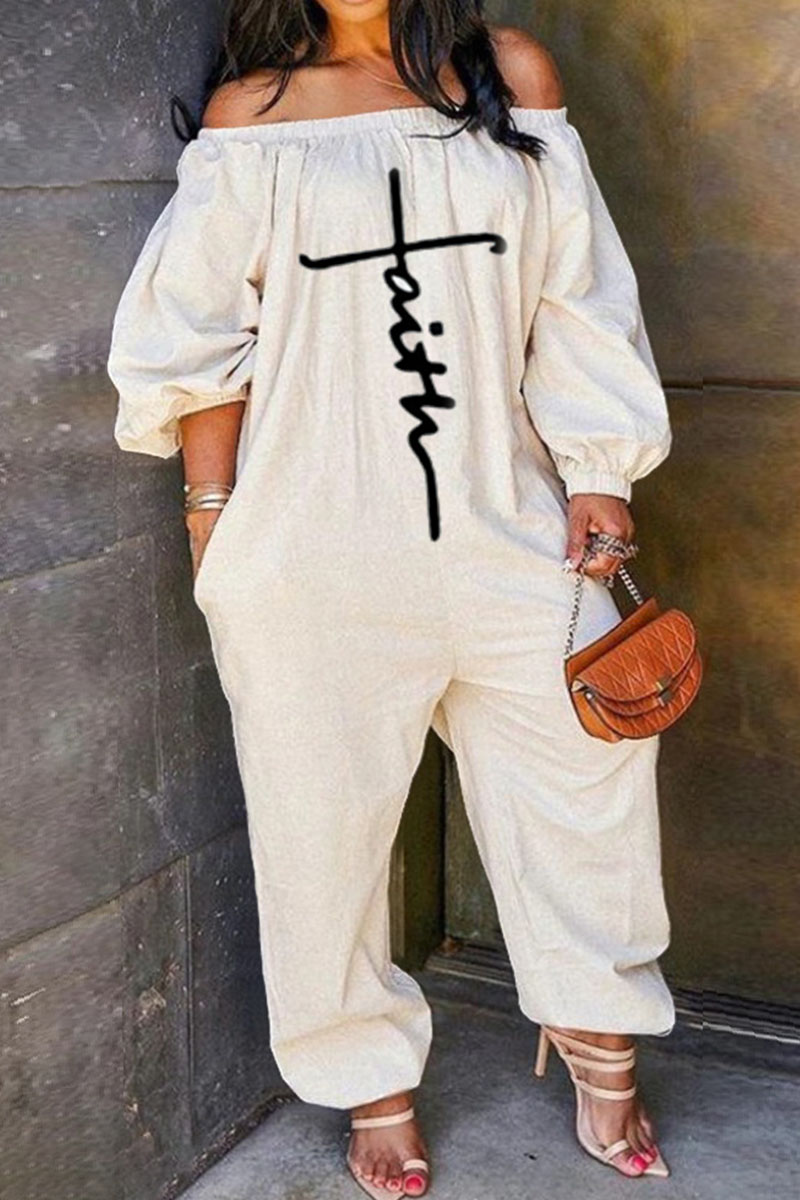

White Casual Print Split Joint Off the Shoulder Loose Jumpsuits