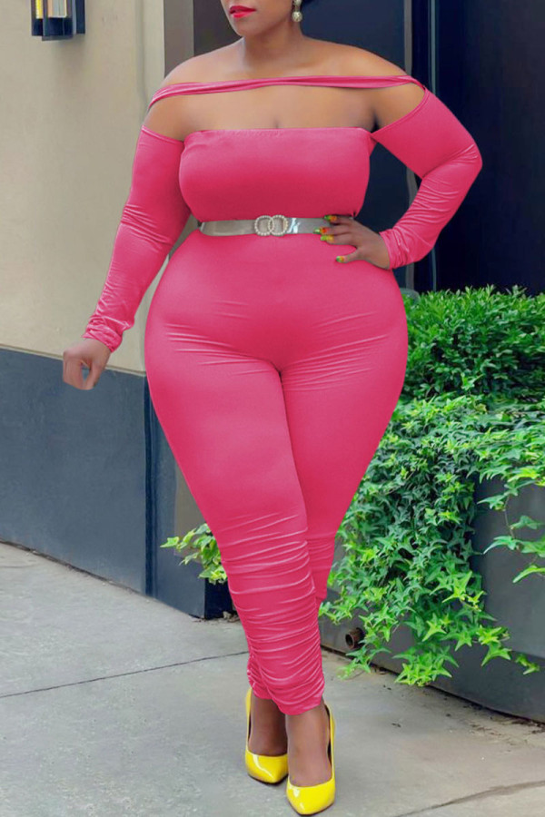 Rose Red Mode Casual Solid Patchwork Off the Shoulder Plus Size Jumpsuits