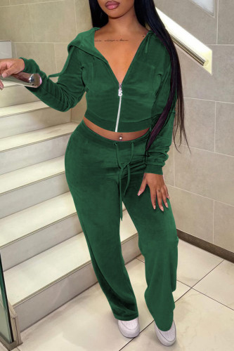 Green Fashion Casual Solid Zipper Hooded Collar Long Sleeve Two Pieces