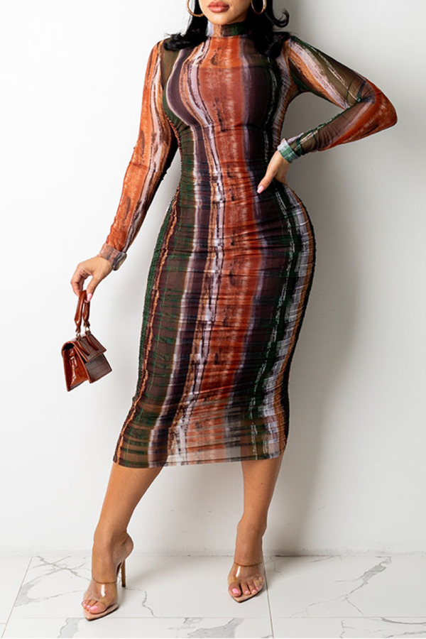 Robes de jupe crayon à col rond en patchwork d'impression sexy marron