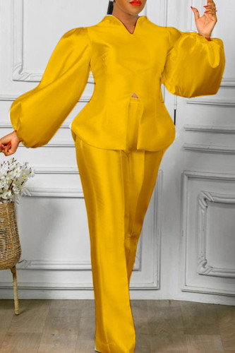 Yellow Fashion Casual Solid Slit V Neck Long Sleeve Two Pieces