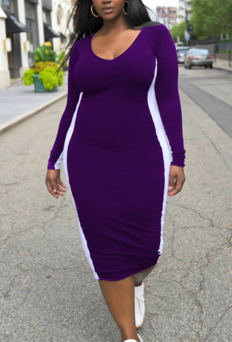 Purple Casual Solid Patchwork U Neck Pencil Skirt Plus Size Dresses