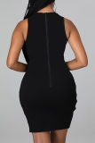 Vestidos de falda de lápiz con cuello en O de malla ahuecada de patchwork sexy negro