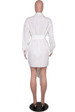 Witte casual effen zak met riem omslagkraag A-lijn jurken
