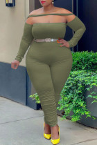 Green Fashion Casual Solid Patchwork Off the Shoulder Plus Size Jumpsuits