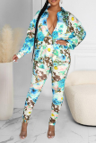 Baby Blue Sexy Print Patchwork Turndown Collar Long Sleeve Two Pieces