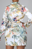 Cremeweißes Hemdblusenkleid mit lässigem Print und Patchwork-Umlegekragen