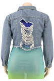 Голубая модная уличная однотонная джинсовая куртка с рваным отложным воротником и длинными рукавами