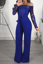 Blue Sexy Solid Lace Off the Shoulder Boot Cut Jumpsuits