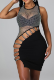 Black Sexy Patchwork Hollowed Out Mesh O Neck Pencil Skirt Dresses
