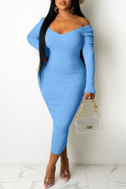 Baby Blue Casual Solid Patchwork V Neck Pencil Skirt Dresses