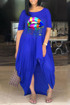 Vestido irregular con cuello en O de patchwork con estampado informal azul Vestidos