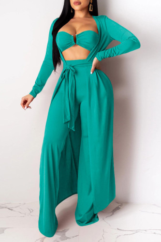 Lake Green Sexy Solid Patchwork Strapless Long Sleeve Three Pieces