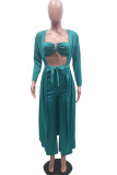 Lake Green Sexy Solid Patchwork Strapless Long Sleeve Three Pieces