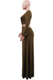 Bruine mode elegante effen uitgeholde V-hals A-lijn jurken