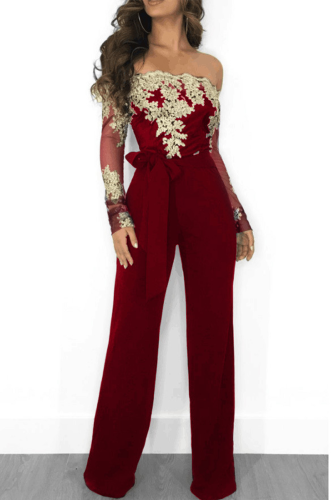 Burgundy Sexy Solid Lace Off the Shoulder Boot Cut Jumpsuits