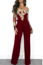 Burgundy Sexig Solid Lace Off the Shoulder Boot Cut Jumpsuits