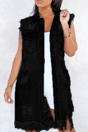 Black Casual Solid Turndown Collar Sleeveless Regular Ripped Frill Trim Vest Denim Jacket