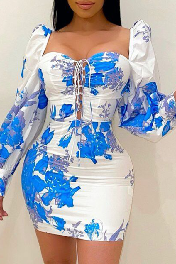 White Sexy Print Patchwork Square Collar Pencil Skirt Dresses
