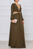 Bruine mode elegante effen uitgeholde V-hals A-lijn jurken