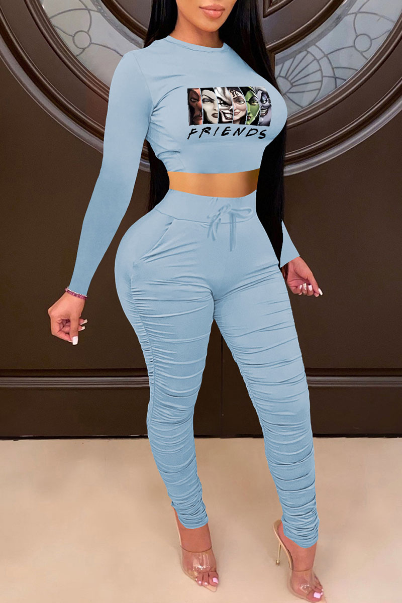 

Baby Blue Fashion Sexy Print Split Joint O Neck Long Sleeve Two Pieces