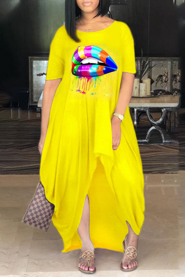 Желтое повседневное платье с круглым вырезом и принтом в стиле пэчворк Платья